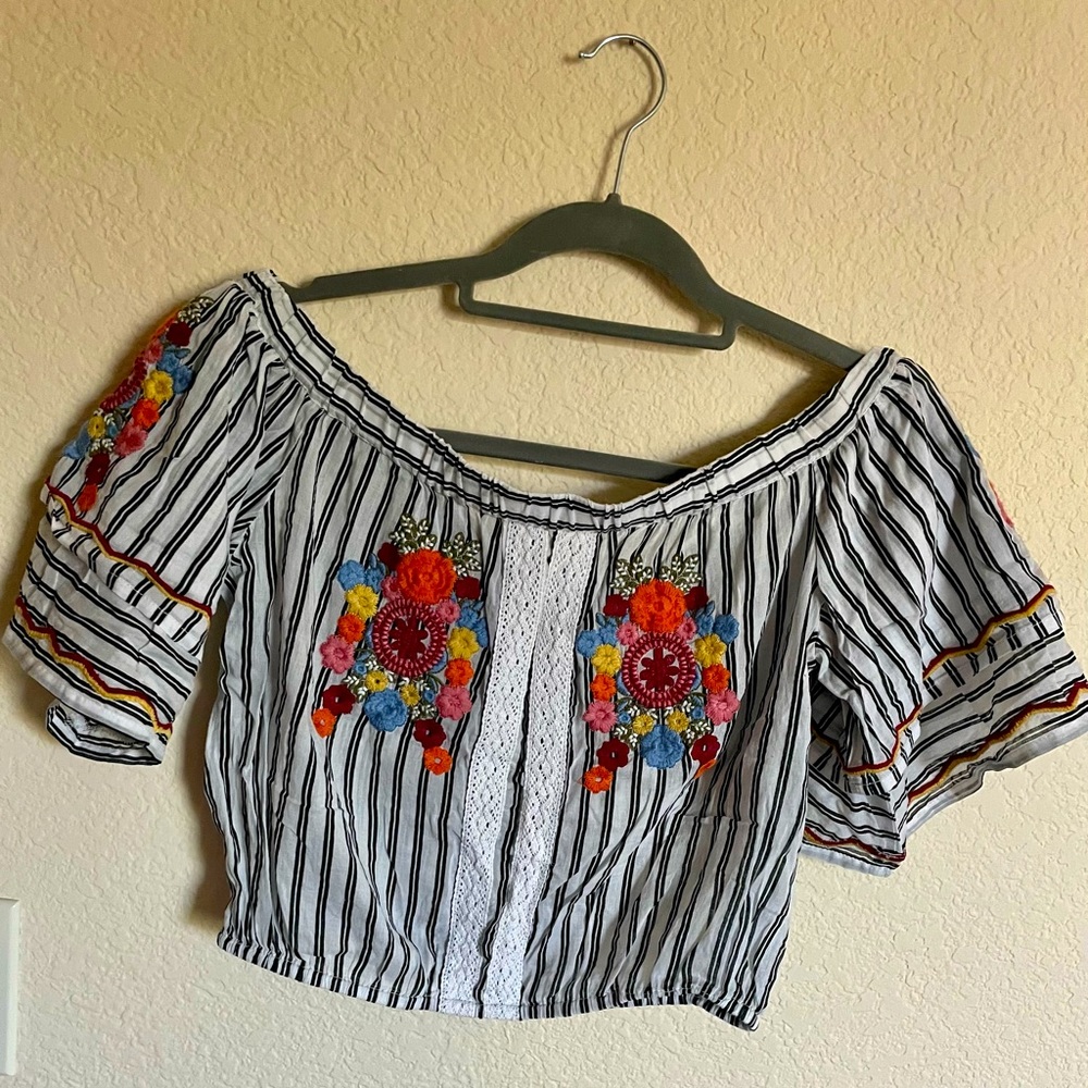 Beautiful striped embroidered crop top (off the shoulder)